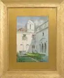 G. De Luca, Mission Courtyard, Watercolor scene shows the corner of a white stucco Mission church. There is a well, grass and flowers at the interior
