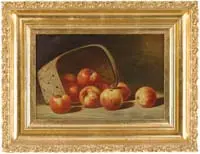 Albert Francis King, Basket of Apples, Oil on canvas still life scene shows a square basket on its edge with the contents of apples spilled on a table top