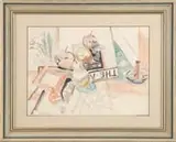 William Sommer, Interior Still Life, Watercolor interior scene shows fruit laying on a magazine and floor
