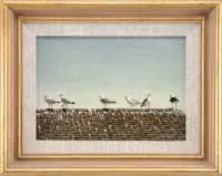 Tracy Medling, Clear Skies, Oil on wood panel shows six herring gulls on a peaked roof under light blue sky