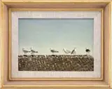 Tracy Medling, Clear Skies, Oil on wood panel shows six herring gulls on a peaked roof under light blue sky