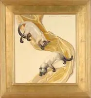 Kenneth Stevens MacIntire, Siamese Cats, Oil on canvas scene shows two Siamese cats walking down gold fabric