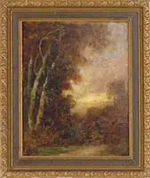 Thomas Moran, Morning Light, Fine oil on board early morning scene shows yellow sunrise with pink hues through a clearing in woods and bushes