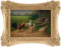 William Baptiste Baird, Barnyard Chickens, Pair of oil on wood panel scenes show colorful chickens. One outside next to wheelbarrow, one inside looking out