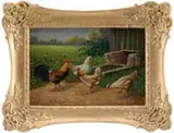 William Baptiste Baird, Barnyard Chickens, Pair of oil on wood panel scenes show colorful chickens. One outside next to wheelbarrow, one inside looking out