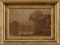 Daniel Charles Grose, New England Fall Landscape, Oil on canvas scene shows a river lined with colorful trees with mountain backdrop