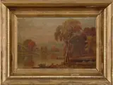 Daniel Charles Grose, New England Fall Landscape, Oil on canvas scene shows a river lined with colorful trees with mountain backdrop