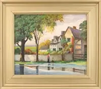 August Weiss, Three New England Landscapes, 1) Oil on canvas scene shows a woman and child on a sidewalk next to a large home with fence and trees