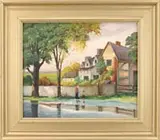 August Weiss, Three New England Landscapes, 1) Oil on canvas scene shows a woman and child on a sidewalk next to a large home with fence and trees