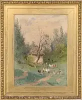 Eugène Ciceri, The Henhouse, Fine watercolor outdoor scene shows a small building with chickens and ducks outside on green grass area with trees