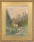 Eugène Ciceri, The Henhouse, Fine watercolor outdoor scene shows a small building with chickens and ducks outside on green grass area with trees