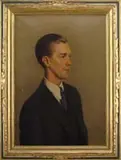 Margaret Foster Richardson, Portrait of Clarence Thulin in a Thulin Frame, Oil on canvas half portrait shows a young man with black coat, tie and white shirt against a light gray background
