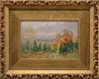 Henry Orne Ryder, Panoramic Autumn Landscape, Oil on board scene shows a nice fall wooded hillside overlooking water and hills. Good color