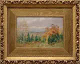 Henry Orne Ryder, Panoramic Autumn Landscape, Oil on board scene shows a nice fall wooded hillside overlooking water and hills. Good color