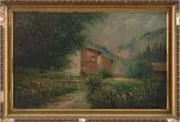 Untitled by Signed, Oil on panel scene shows farm buildings on a hilly landscape with figure and various flowers in foreground, sold Aug 2006