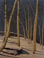 Herbert Christ, Birches in Snow, Oil on artist board scene shows a bright snowy hillside with white birches