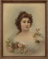 C.A. Brice, Portrait of a Young Maid, Oil on canvas shows portrait of a young Art Nouveau woman wearing gold beads with pink roses