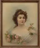 C.A. Brice, Portrait of a Young Maid, Oil on canvas shows portrait of a young Art Nouveau woman wearing gold beads with pink roses