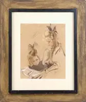 Paul César Helleu, Portrait of Jeanette and Elizabeth Steadman, Pastel of two young girls one seated with the other beside. The seated girl is reading from a book