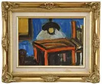 Man at Table by Sacha Moldovan, Oil on board scene shows a figure in white shirt, black hat seated at a table. Blue wall behind with a window, sold Aug 2006