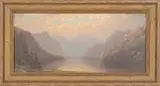 Charles J. Schumacher, Lake Kunz Voyelsberg, Oil on artist board panoramic landscape scene shows a lake nestled in between tall mountains under cloud and blue sky