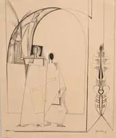 Fritz Janschka, Abstract Figures, Pen and ink abstract shows two figures with other symbols and shapes