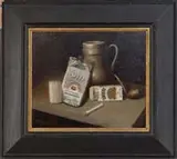 Victor Dubreuil, Still Life with Cigarettes, Oil on canvas tabletop scene shows two packs of Sweet Corporal cigarettes and smoking tobacco with matches, pipe and mug
