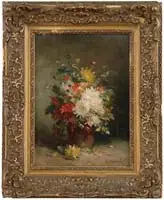 A. Roussel, Still Life of Flowers, Oil on canvas still life scene shows a pottery vase with a bouquet of colorful flowers