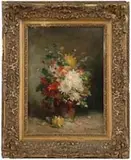 A. Roussel, Still Life of Flowers, Oil on canvas still life scene shows a pottery vase with a bouquet of colorful flowers