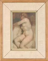 Juan Orihuel Barta, Nude Study, Oil on board of a nude woman seated on white cushions