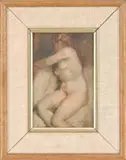 Juan Orihuel Barta, Nude Study, Oil on board of a nude woman seated on white cushions