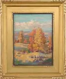 Emily Louise Orr Elliott, Panoramic Fall Landscape, Colorful oil on board fall scene shows colorful trees against a low hill and blue cloud sky background