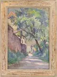 Path to the Sea by Jules Francois Archille Ambroise, Watercolor scene shows a path between buildings leading to open ocean, sold Aug 2006