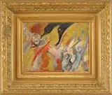 Andre Dunoyer de Segonziac, Fleeing the Flames, Oil on wood panel scene appears to show two figures running from yellow and red flames with black smoke