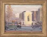 Henri Farré, Boston Garden Memorial, Oil on canvas laid on cardboard scene shows a Boston landmark with cars and pedestrians in front