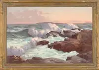 Evening, Ocean Point by Alphonse Joseph Shelton, Fine oil on canvas coastal scene shows waves crashing onto rocky ledge with colorful sunset beyond, sold Aug 2006