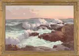 Alphonse Joseph Shelton, Evening, Ocean Point, Fine oil on canvas coastal scene shows waves crashing onto rocky ledge with colorful sunset beyond