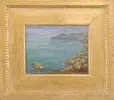 Tranquil Shoreline by Louise Mary Wahl Kamp, Oil on panel coastal scene shows turquoise water in a U-shaped rock lined bay, sold Aug 2006