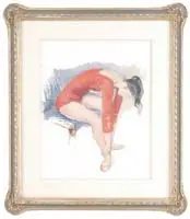 Leon Kroll, The Ballerina, Mixed media on paper scene shows a ballerina in red tights seated in a blue chair massaging her ankle