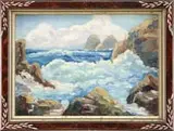 A. Robinson, Coastal Inlet, Oil on canvas board coastal scene shows waves crashing into small inlet lined with large rocks