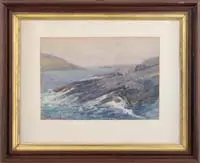 Sears Gallagher, Moored Off Rocks, Watercolor scene shows a lone sailboat is moored off grass covered rocky point with waves lapping on ledge in foreground