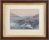 Sears Gallagher, Moored Off Rocks, Watercolor scene shows a lone sailboat is moored off grass covered rocky point with waves lapping on ledge in foreground