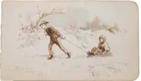 Edwin Austin Abbey, The Sledding Trip, A small unframed watercolor sketch shows a boy pulling a young girl on a sled through snow with bushes and tree behind