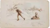 Edwin Austin Abbey, The Sledding Trip, A small unframed watercolor sketch shows a boy pulling a young girl on a sled through snow with bushes and tree behind