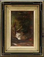 George Inness, Jr., The Woodland Waterfall, Oil on birch bark scene shows a small cascading waterfall over rocks surrounded by trees