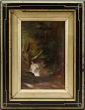 George Inness, Jr., The Woodland Waterfall, Oil on birch bark scene shows a small cascading waterfall over rocks surrounded by trees