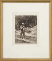 The Fly Fisherman by Sears Gallagher, Etching on paper scene shows a fly fisherman with rod in hand standing in a cascading stream. Pencil signed lower left, sold Aug 2006