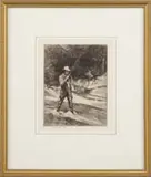 Sears Gallagher, The Fly Fisherman, Etching on paper scene shows a fly fisherman with rod in hand standing in a cascading stream. Pencil signed lower left