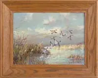 Frank Vining Smith, Mallards Rising, Oil on masonite scene shows eight male and female mallards rising out of a watery marsh area