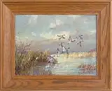 Frank Vining Smith, Mallards Rising, Oil on masonite scene shows eight male and female mallards rising out of a watery marsh area